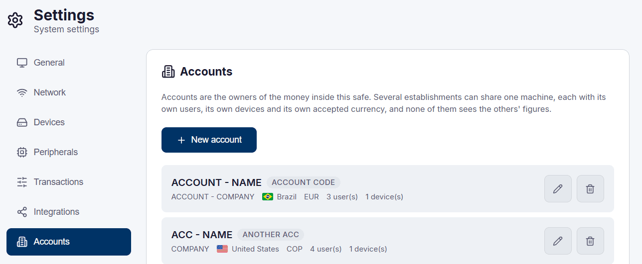 Accounts in the settings